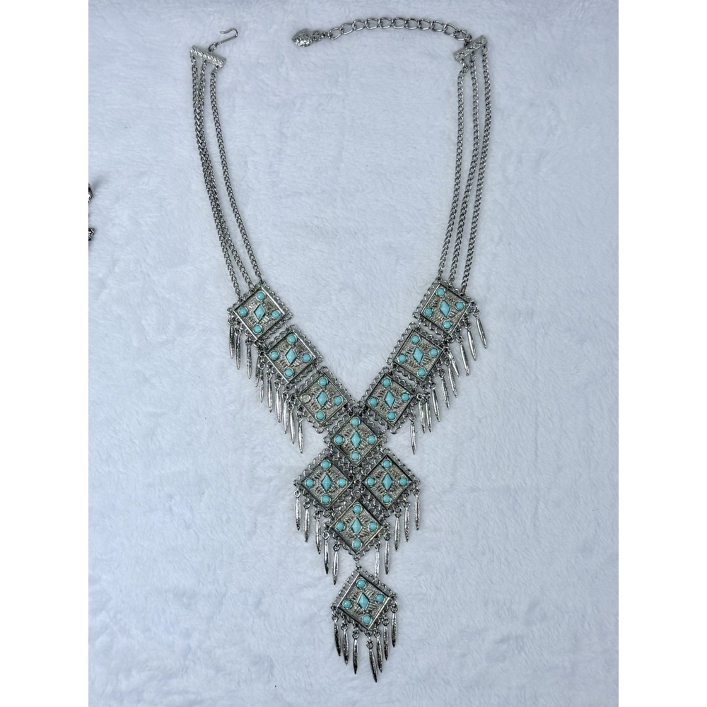 VTG Southwestern Silver Tone Faux Turquoise Fringe Bib‎ Necklace & Bracelet Set